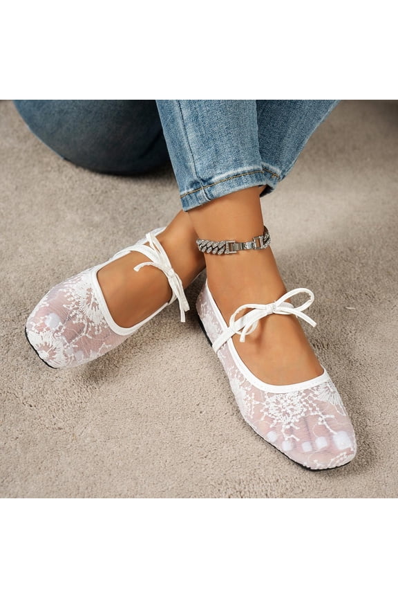 Lace Mary Jane Flats for Women, Breathable Mesh Ballet Flats with Cushioned Insole, Pointed Toe Casual Flat Shoes with Strap for Wedding Garden Party Office