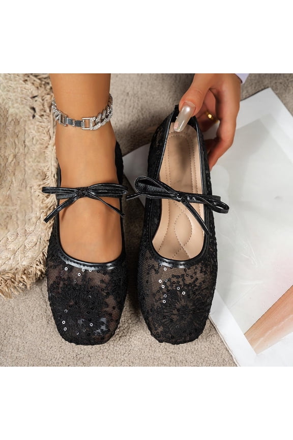 Lace Mary Jane Flats for Women, Breathable Mesh Ballet Flats with Cushioned Insole, Pointed Toe Casual Flat Shoes with Strap for Wedding Garden Party Office
