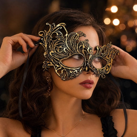 Lace Masquerade Mask, 10 Inch Gold Venetian Masquerade Masks for Women, Vintage Filigree Mask for Masquerade Party, Mardi Gras Ball, Halloween Events, 1 Pack