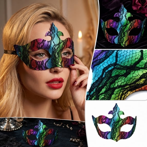 Lace Masquerade Mask, 7 Inch Black Lace Overlay Rainbow Color Half Face Mask, Mask for Masquerade Party Mardi Gras Halloween Events, 1 Pack