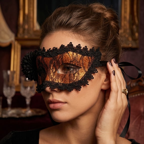 Lace Masquerade Mask Masquerade Mask for Women 8 Inch Venetian Masquerade Masks Halloween Accessory for Masquerade Party Brown Floral Design, 1 Pack