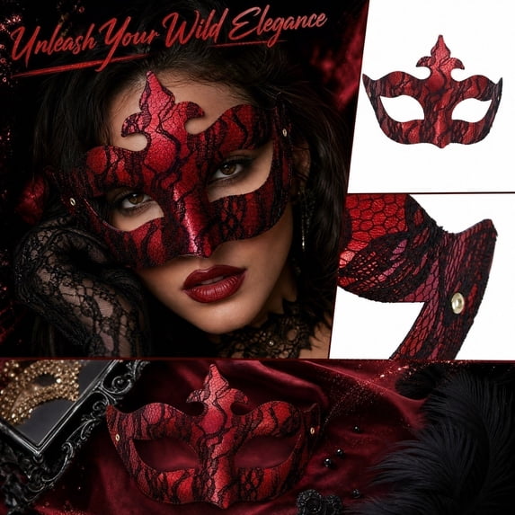 Lace Masquerade Mask Red 7 Inch Venetian Masquerade Masks for Party Halloween Mardi Gras Events, 1 Pack