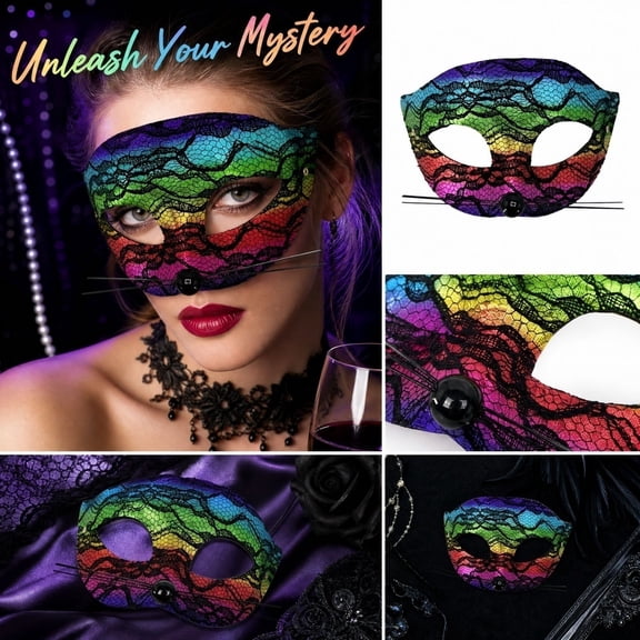 Lace Masquerade Mask for Women, 7 Inch Rainbow Cat Eye Mask, Half Face Accessory for Halloween Party, Mardi Gras, Masquerade Party, Multicolor, 1 Pack