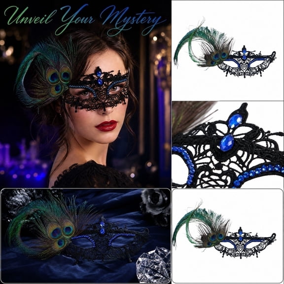 Lace Masquerade Mask for Women 9 Inch Venetian Masquerade Masks with Peacock Feathers Mask for Masquerade Party Mardi Gras Event Halloween Accessory Black and Blue, 1 Pack