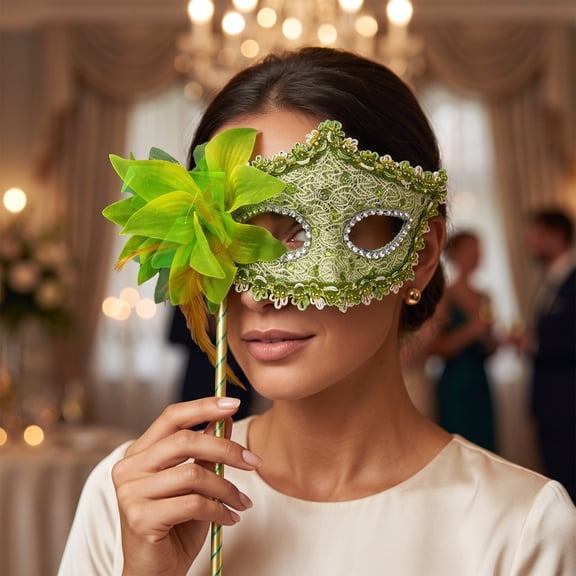 Lace Masquerade Mask for Women with Stick, 15 Inch Green Venetian Masquerade Mask, Flower Accent Mask Accessory for Masquerade Party Mardi Gras Halloween Event, 1 Pack
