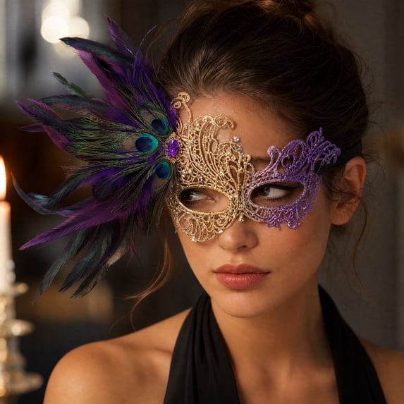 Lace Masquerade Mask for Women 10 Inch Peacock Feather Rhinestone Eye Mask, Accessory for Masquerade Party Prom Mardi Gras Halloween Purple, 1 Pack