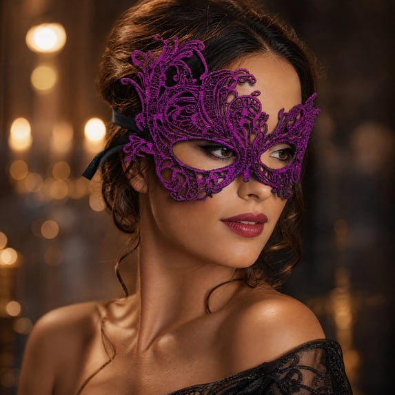 Lace Masquerade Mask for Women 10 Inch Venetian Masquerade Masks Mardi Gras Mask for Halloween Party Purple, 1 Pack