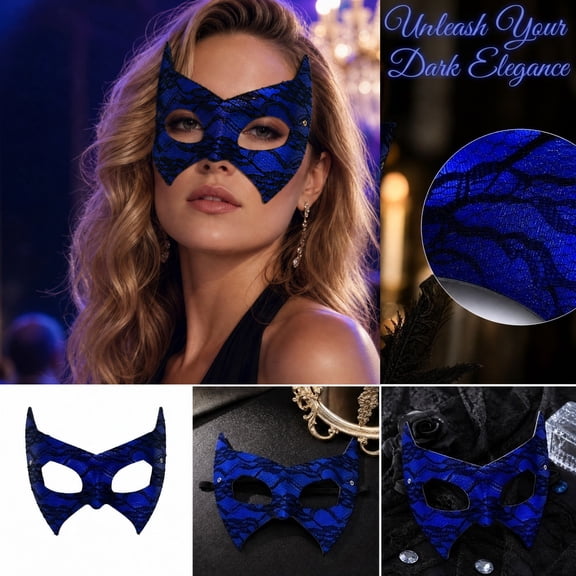 Lace Masquerade Mask for Women 6 Inch Bat Mask Halloween Party Blue Lace Eye Mask for Masquerade Party Event Mardi Gras Decoration, 1 Pack