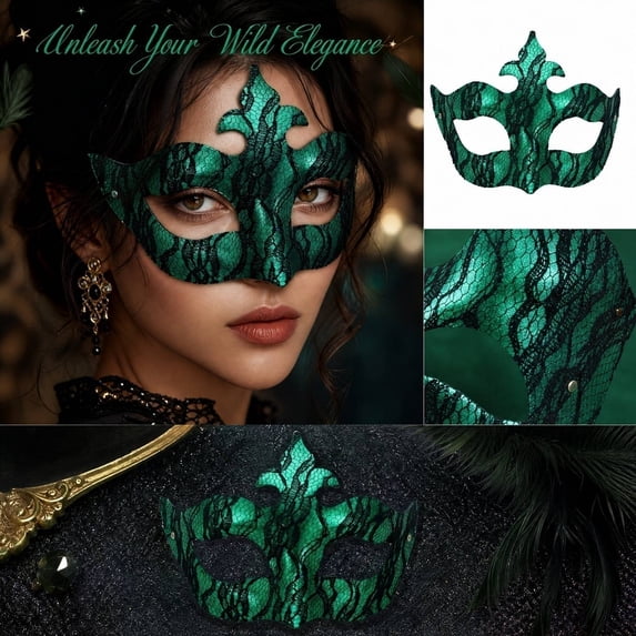 Lace Masquerade Mask for Women 7 Inch Green Venetian Masquerade Masks for Masquerade Party Mardi Gras Mask Halloween Accessory Prop, 1 Pack