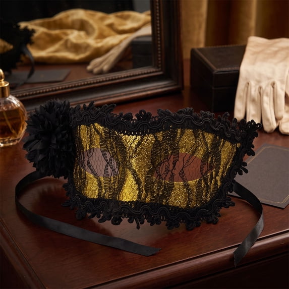 Lace Masquerade Mask for Women 8 Inch Black and Gold Halloween Floral Mask for Masquerade Mardi Gras Halloween Party, 1 Pack