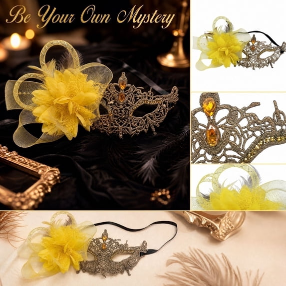 Lace Masquerade Mask with Flower Feather & Rhinestone, Elegant Venetian Half Face Mask for Wedding Prom Halloween Evening Party