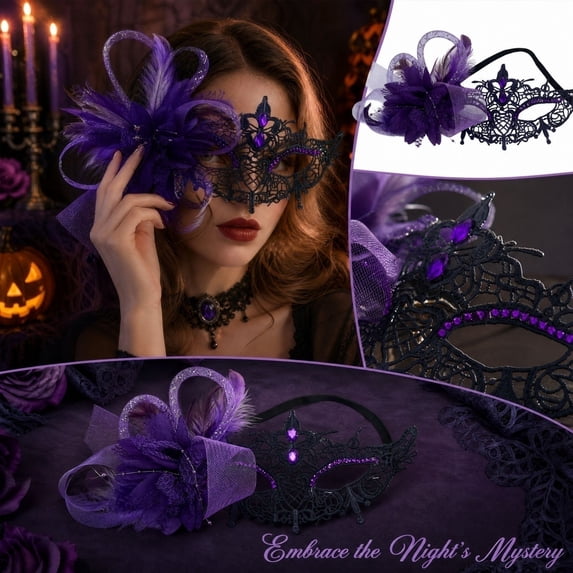Lace Masquerade Mask with Flower Feather & Rhinestone, Elegant Venetian Half Face Mask for Wedding Prom Halloween Evening Party