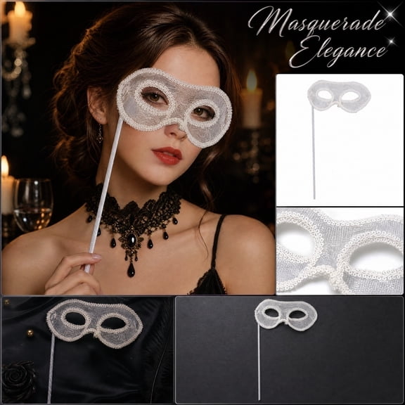 Lace Masquerade Mask with Stick 12 Inch White Halloween Mask for Masquerade Party Halloween Accessory for Prom Photo Booth Props, 1 Pack