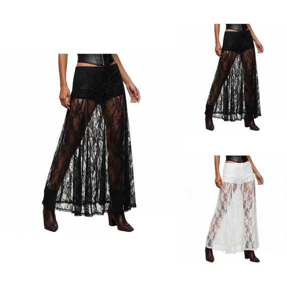 Lace Maxi Skirts for Women Low Waist See through Lace Flowy Long Skirt Beach Cover Up