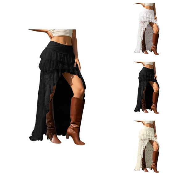 Lace Maxi Skirts for Women Y2k Western High Low Tiered Ruffle Skirt Renaissance Boho Fairy Skirt
