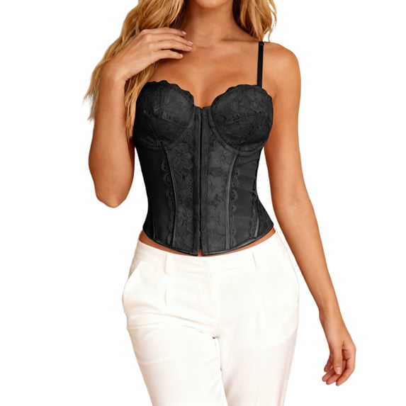Lace Mesh Double Strap Corset Bustier Tank Top Shapewear For And,Color:Black