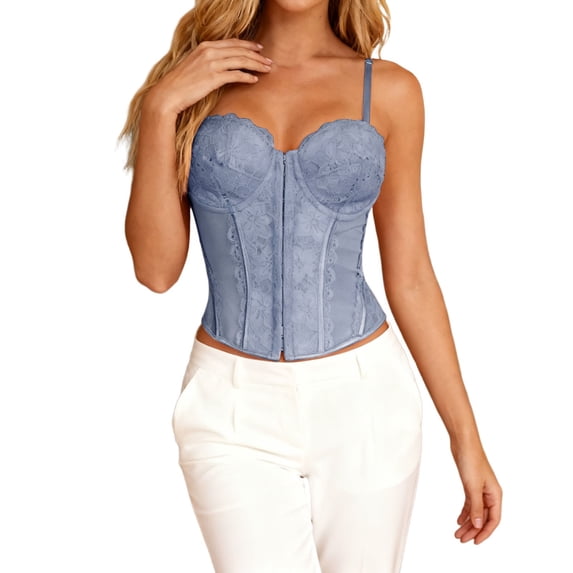 Lace Mesh Double Strap Corset Bustier Tank Top Shapewear For And,Color:Grey