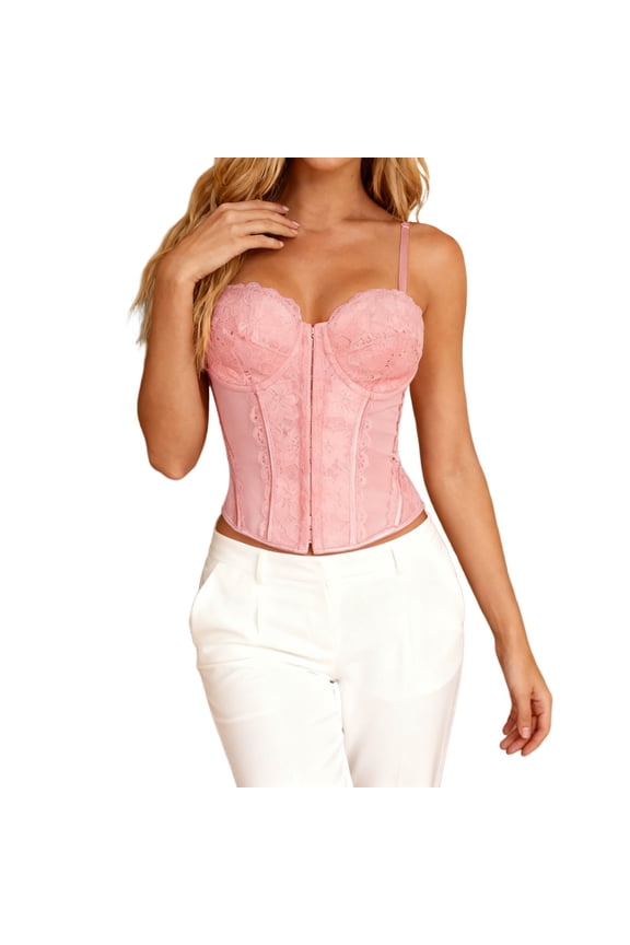 Lace Mesh Double Strap Corset Bustier Tank Top Shapewear For And,Color:Pink