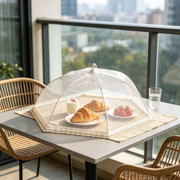Lace Mesh Food Cover Tent, Round Umbrella Dish Net, Collapsible Picnic Fly Protector, Kitchen Table Screen for Outdoor BBQ
