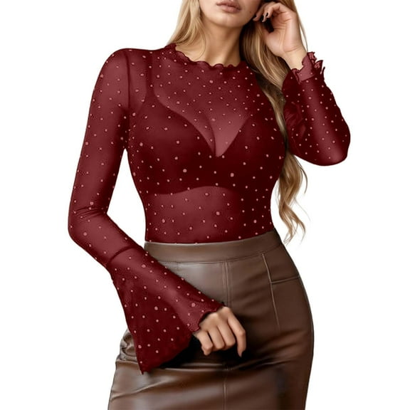 Lace Mesh Sheer Long Sleeve Tops for Women Plus Size See Through With Rhinestone Casual Loose Tunic Summer Fashion Fitted Tight T Shirts Blouses Red L