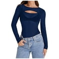 thumbnail image 1 of Lace Mesh Sheer Long Sleeve Tops for Women Crew Neck Cut Out Front Side Ruched Asymmetrical Hem Party Clubwear Fitted Tight T Shirts Blouses Blue M, 1 of 5
