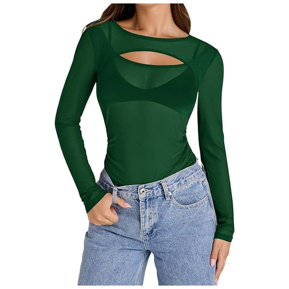 Lace Mesh Sheer Long Sleeve Tops for Women Crew Neck Cut Out Front Side Ruched Asymmetrical Hem Party Clubwear Fitted Tight T Shirts Blouses Green L