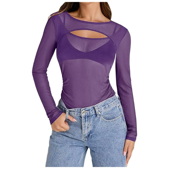 Lace Mesh Sheer Long Sleeve Tops for Women Crew Neck Cut Out Front Side Ruched Asymmetrical Hem Party Clubwear Fitted Tight T Shirts Blouses Purple S