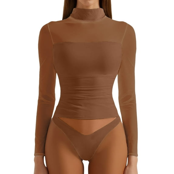 Lace Mesh Sheer Long Sleeve Tops for Women Double Line Crop Tank Neck Fitted Tight T Shirts Blouses Brown S
