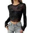 thumbnail image 1 of Lace Mesh Sheer Long Sleeve Tops for Women Fashion Gothic Design Casual Stretchable Soft Fitted Tight T Shirts Blouses Black M, 1 of 4