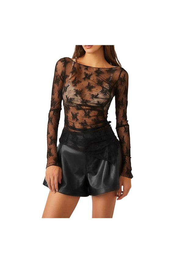 Lace Mesh Sheer Long Sleeve Tops for Women Layering Floral Embroidery See Through Tee Fitted Tight T Shirts Blouses Black L