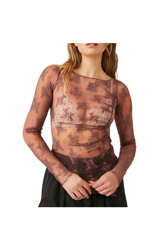 Lace Mesh Sheer Long Sleeve Tops for Women Layering Floral Embroidery See Through Tee Fitted Tight T Shirts Blouses Brown L