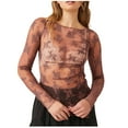thumbnail image 1 of Lace Mesh Sheer Long Sleeve Tops for Women Layering Floral Embroidery See Through Tee Fitted Tight T Shirts Blouses Brown S, 1 of 9
