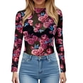 thumbnail image 1 of Lace Mesh Sheer Long Sleeve Tops for Women Layering Floral Embroidery See Through Tee Fitted Tight T Shirts Blouses Hot Pink 2XL, 1 of 7