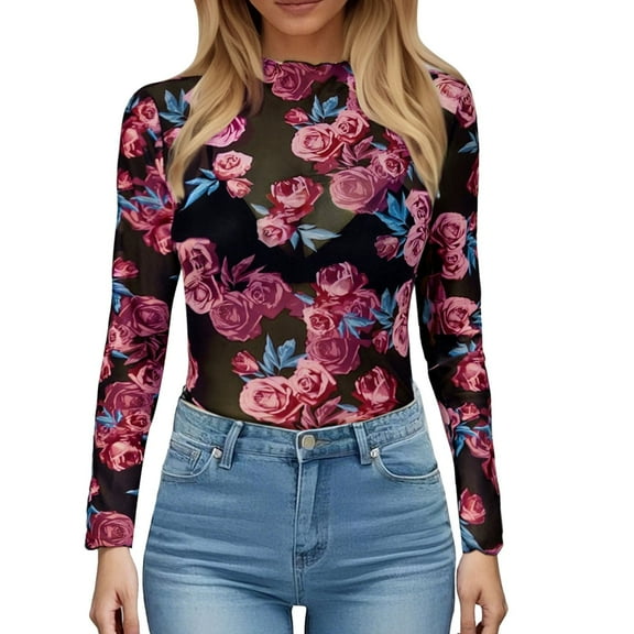 Lace Mesh Sheer Long Sleeve Tops for Women Layering Floral Embroidery See Through Tee Fitted Tight T Shirts Blouses Hot Pink M