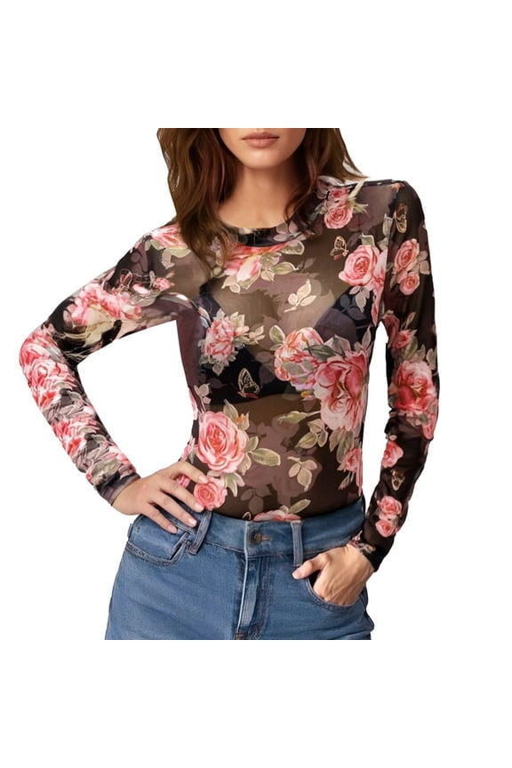 Lace Mesh Sheer Long Sleeve Tops for Women Layering Floral Embroidery See Through Tee Fitted Tight T Shirts Blouses Light Pink S