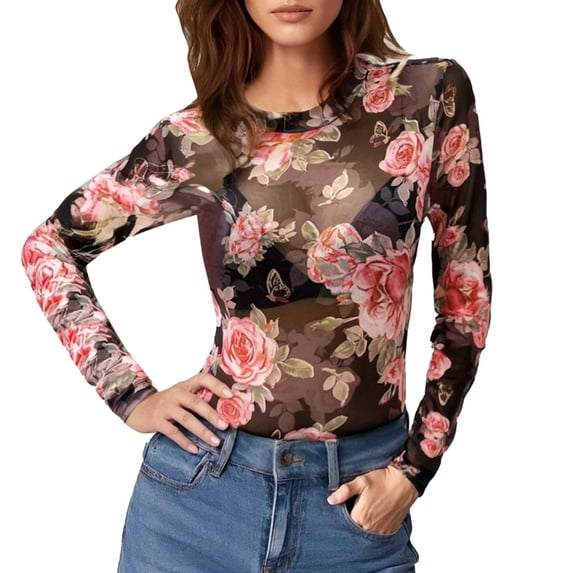 Lace Mesh Sheer Long Sleeve Tops for Women Layering Floral Embroidery See Through Tee Fitted Tight T Shirts Blouses Light Pink XL