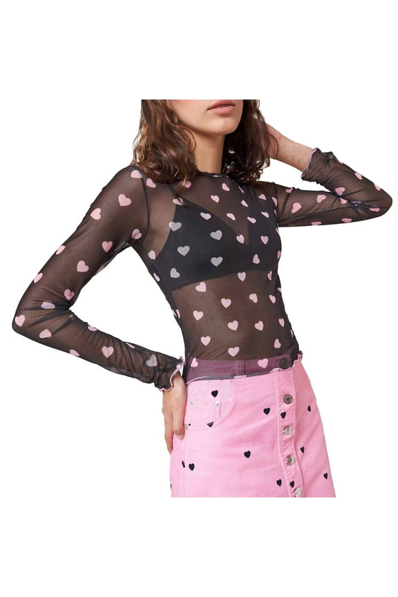 Lace Mesh Sheer Long Sleeve Tops for Women Layering Floral Embroidery See Through Tee Fitted Tight T Shirts Blouses Pink S