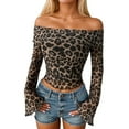 thumbnail image 1 of Lace Mesh Sheer Long Sleeve Tops for Women Leopard Print Off The Shoulder Trim Crop Fitted Tight T Shirts Blouses Khaki S, 1 of 9