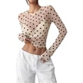 thumbnail image 1 of Lace Mesh Sheer Long Sleeve Tops for Women Polka Dot Casual Spring And Summer Fitted Tight T Shirts Blouses Beige M, 1 of 9