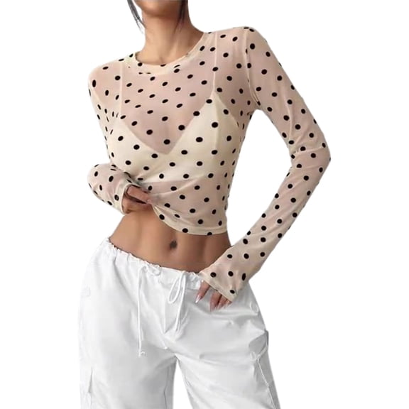 Lace Mesh Sheer Long Sleeve Tops for Women Polka Dot Casual Spring And Summer Fitted Tight T Shirts Blouses Beige XL