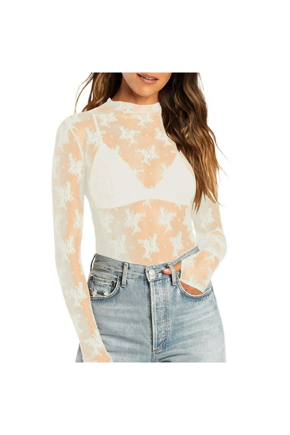 Lace Mesh Sheer Long Sleeve Tops for Women See Through Floral Embroidery Bodysuit Fishnet Fitted Tight T Shirts Blouses Beige L