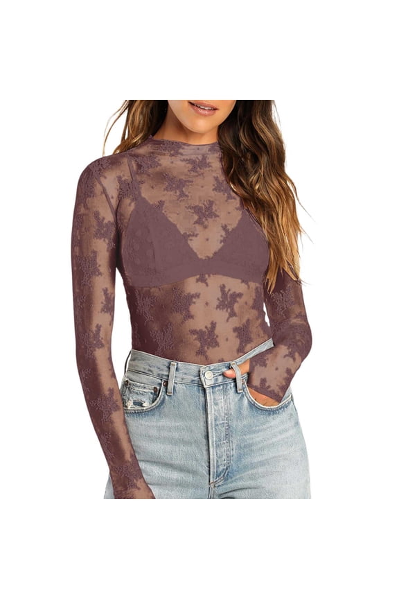 Lace Mesh Sheer Long Sleeve Tops for Women See Through Floral Embroidery Bodysuit Fishnet Fitted Tight T Shirts Blouses Brown M