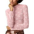 thumbnail image 1 of Lace Mesh Sheer Long Sleeve Tops for Women See Through Floral Embroidery Fishnet Fitted Tight T Shirts Blouses Pink L, 1 of 4