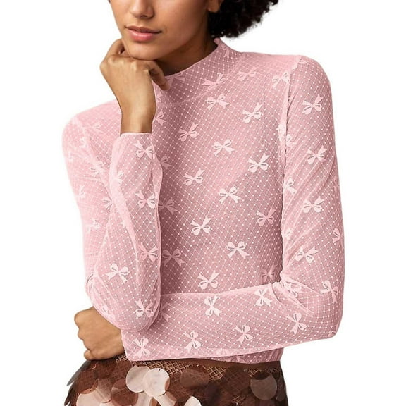 Lace Mesh Sheer Long Sleeve Tops for Women See Through Floral Embroidery Fishnet Fitted Tight T Shirts Blouses Pink M