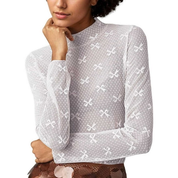 Lace Mesh Sheer Long Sleeve Tops for Women See Through Floral Embroidery Fishnet Fitted Tight T Shirts Blouses White L