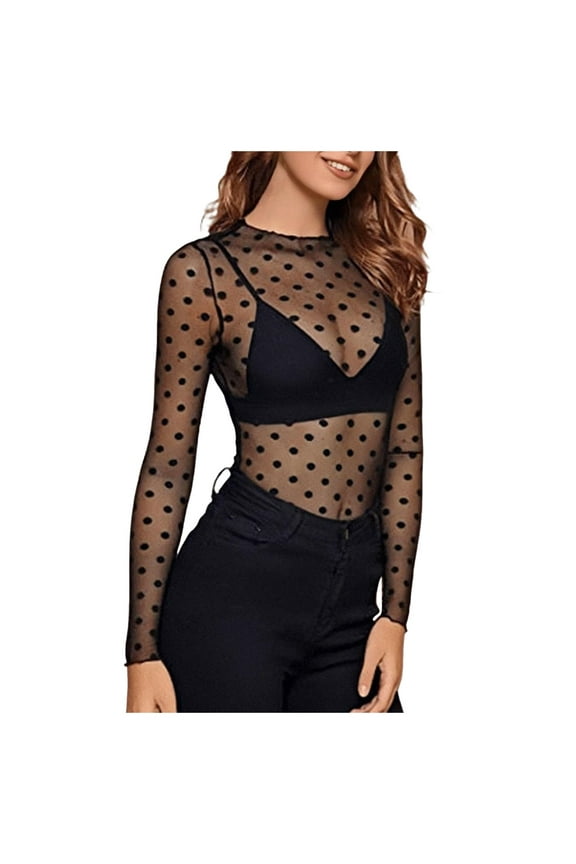 Lace Mesh Sheer Long Sleeve Tops for Women See Through Tee Clubwear Fitted Tight T Shirts Blouses Black L