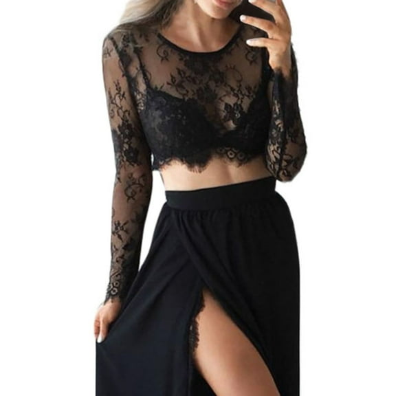 Lace Mesh Sheer Long Sleeve Tops for Women Solid Splicing Perspective Slim Cropped Fitted Tight T Shirts Blouses Black L