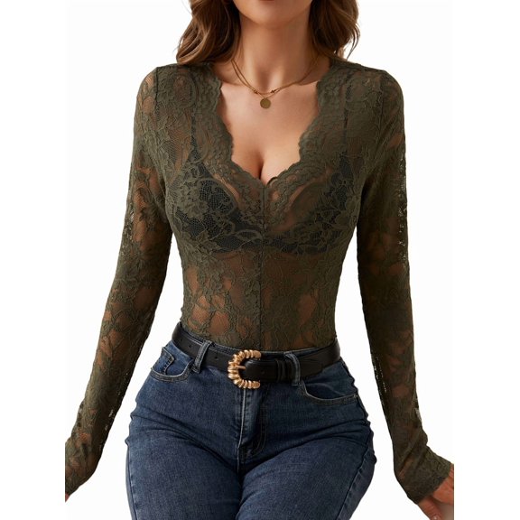 Lace Mesh Top for Women Long Sleeve V-Neck Sheer Blouse See Through Floral Lace Tops Green S