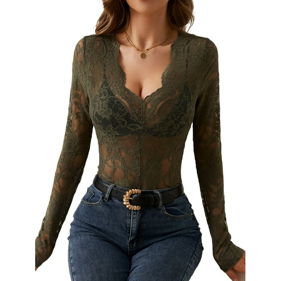 Lace Mesh Top for Women Long Sleeve V-Neck Sheer Blouse See Through Floral Lace Tops Green XXL