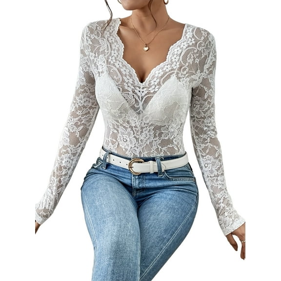 Lace Mesh Top for Women Long Sleeve V-Neck Sheer Blouse See Through Floral Lace Tops White XL